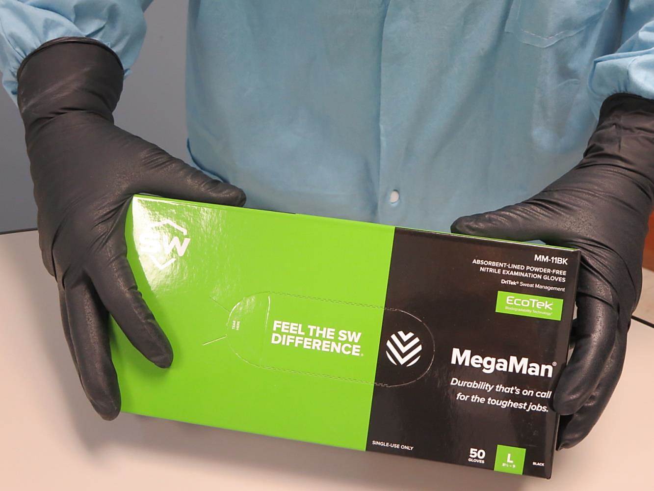 MM-11BK SW Safety® MegaMan® EcoTek® DriTek® Black Nitrile Exam Gloves